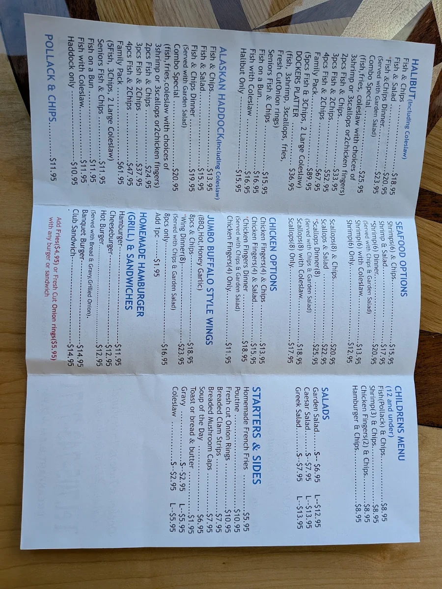Menu, Docker's Fish & Chip & Breakfast