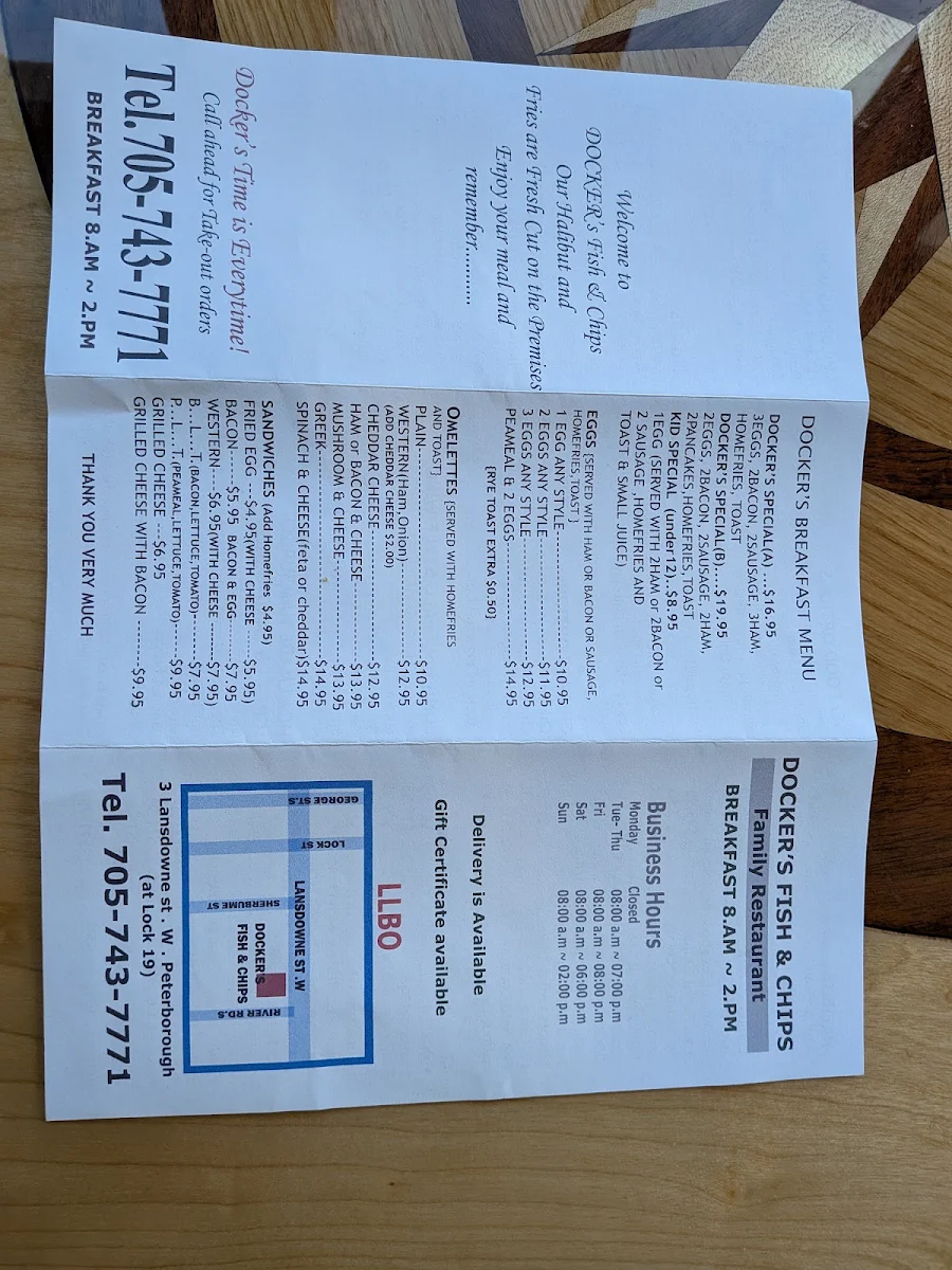 Menu, Docker's Fish & Chip & Breakfast