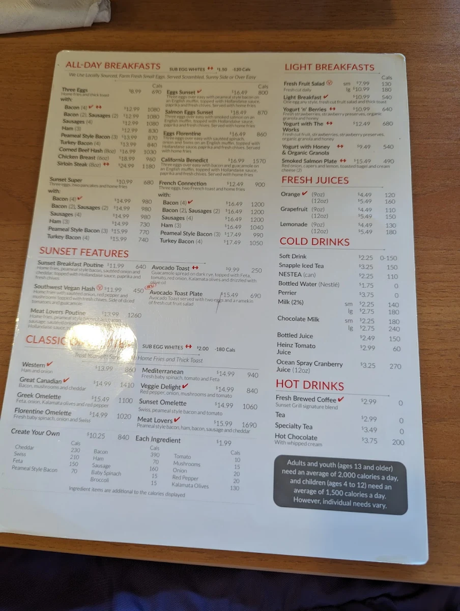 Menu, Sunset Grill