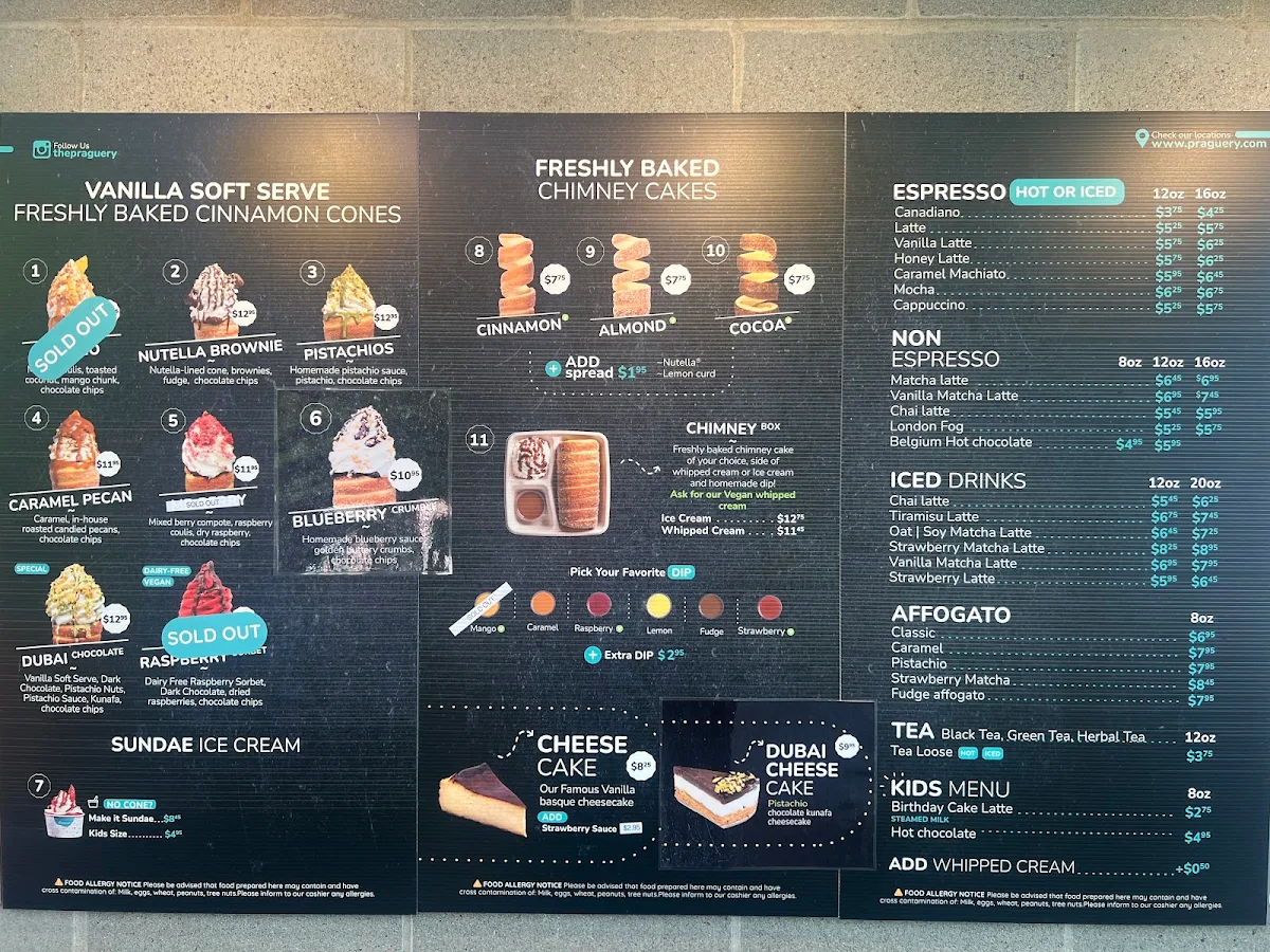 Menu, Praguery Café & Ice Cream