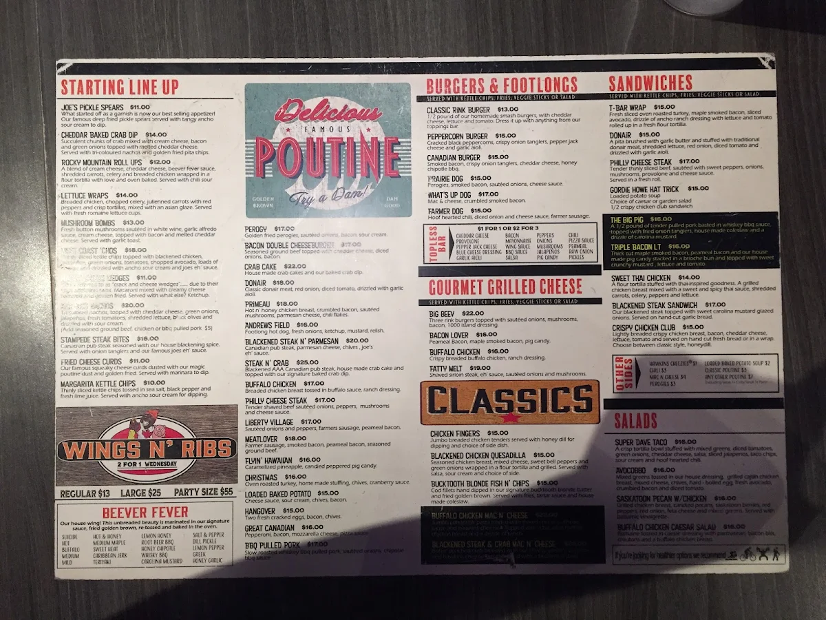 Menu, Joe Beeverz Canadian Pub