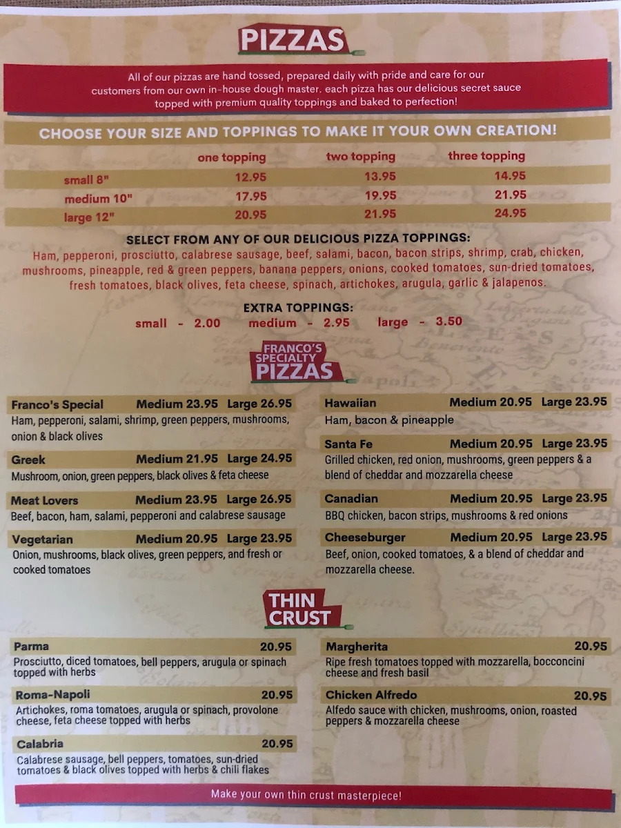 Menu, Franco's Pizza & Steakhouse