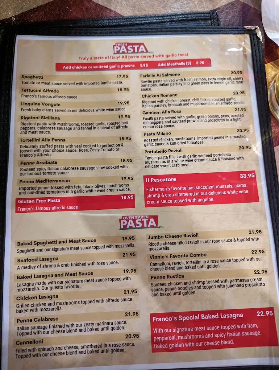 Menu, Franco's Pizza & Steakhouse