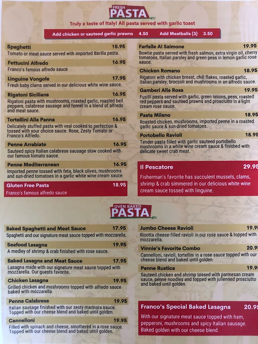 Menu, Franco's Pizza & Steakhouse
