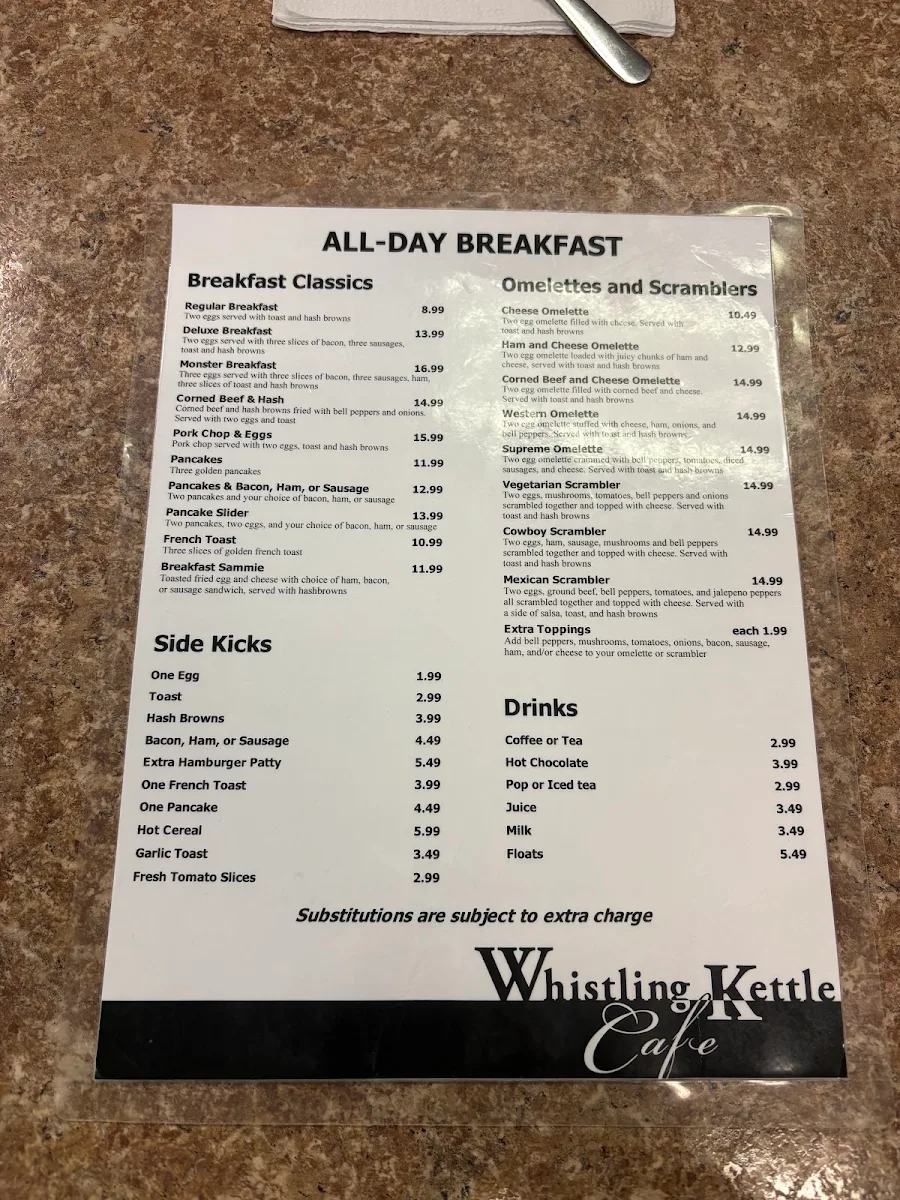 Menu, Whistling Kettle Cafe