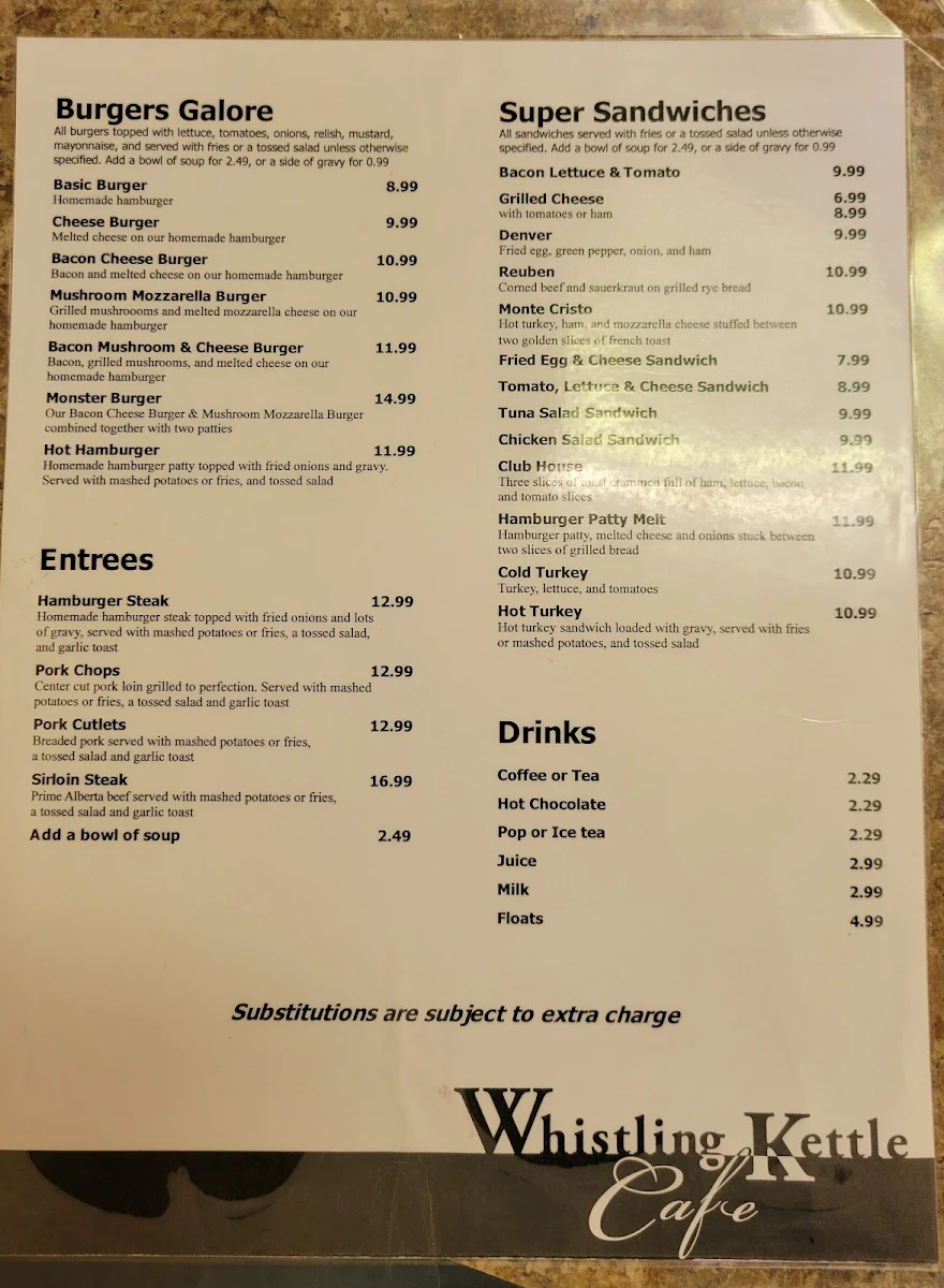 Menu, Whistling Kettle Cafe