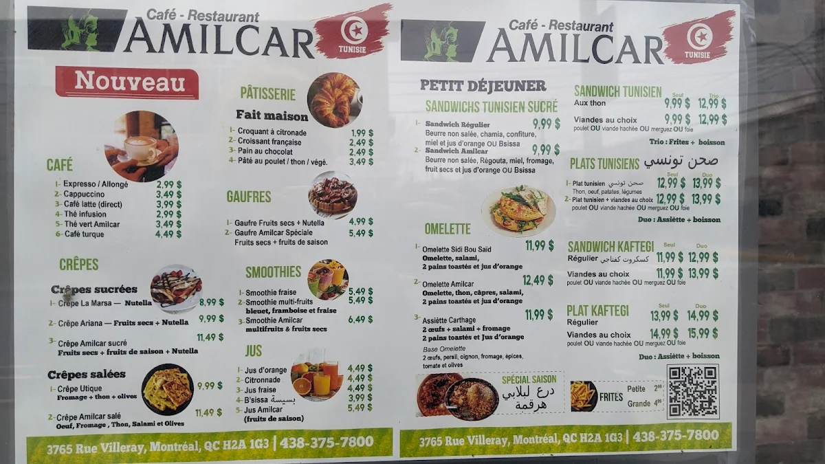 Menu, Café Amilcar Tunisien