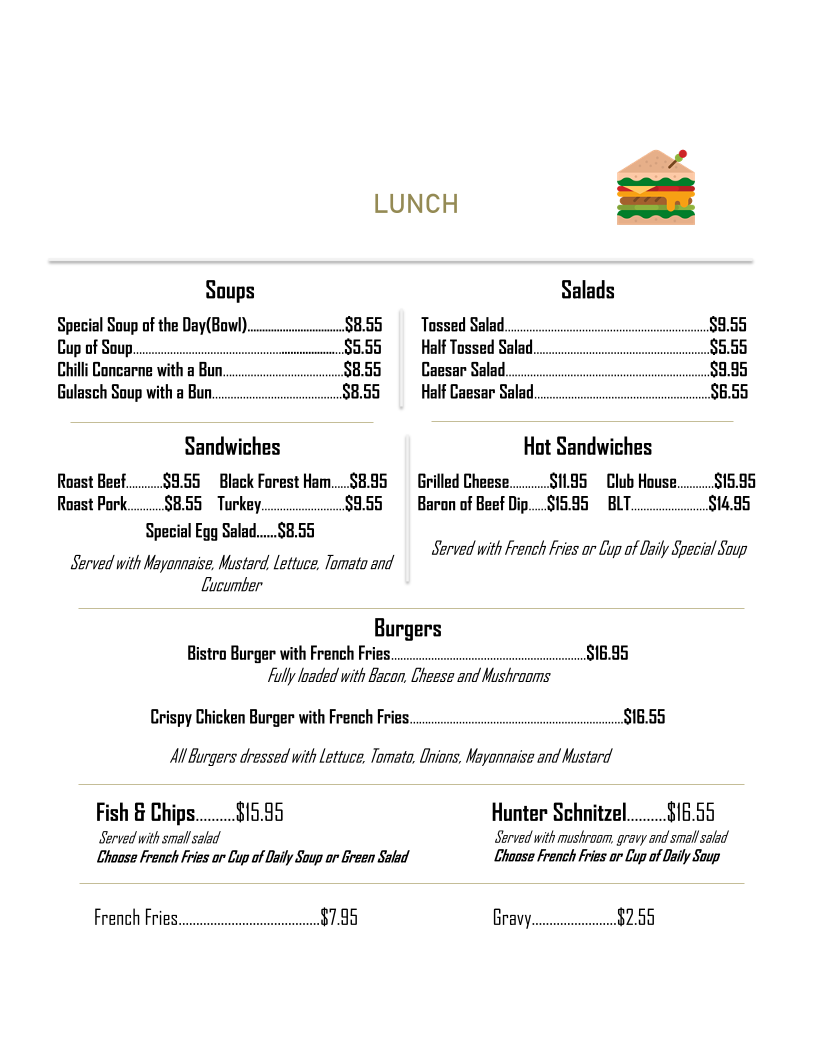 Menu, French Creek Bistro Restaurant & Grill