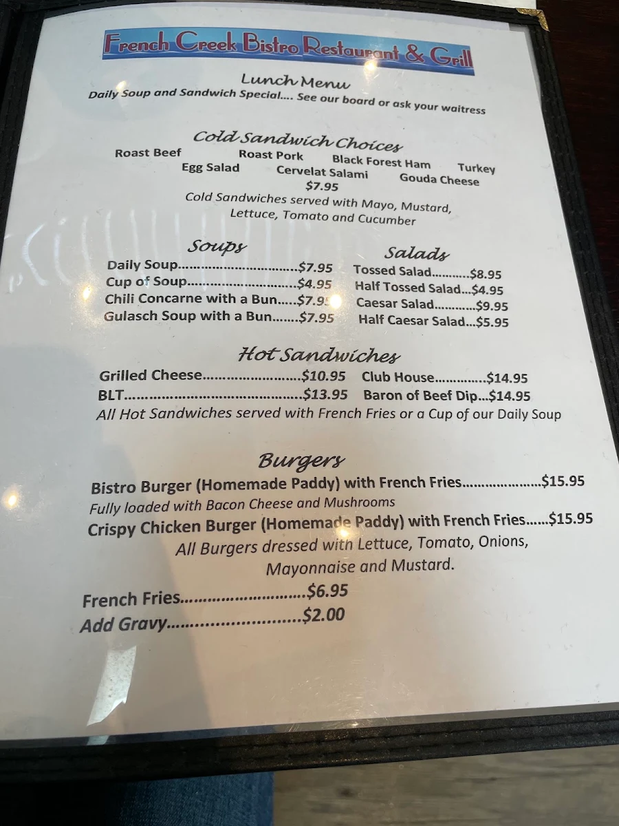 Menu, French Creek Bistro Restaurant & Grill