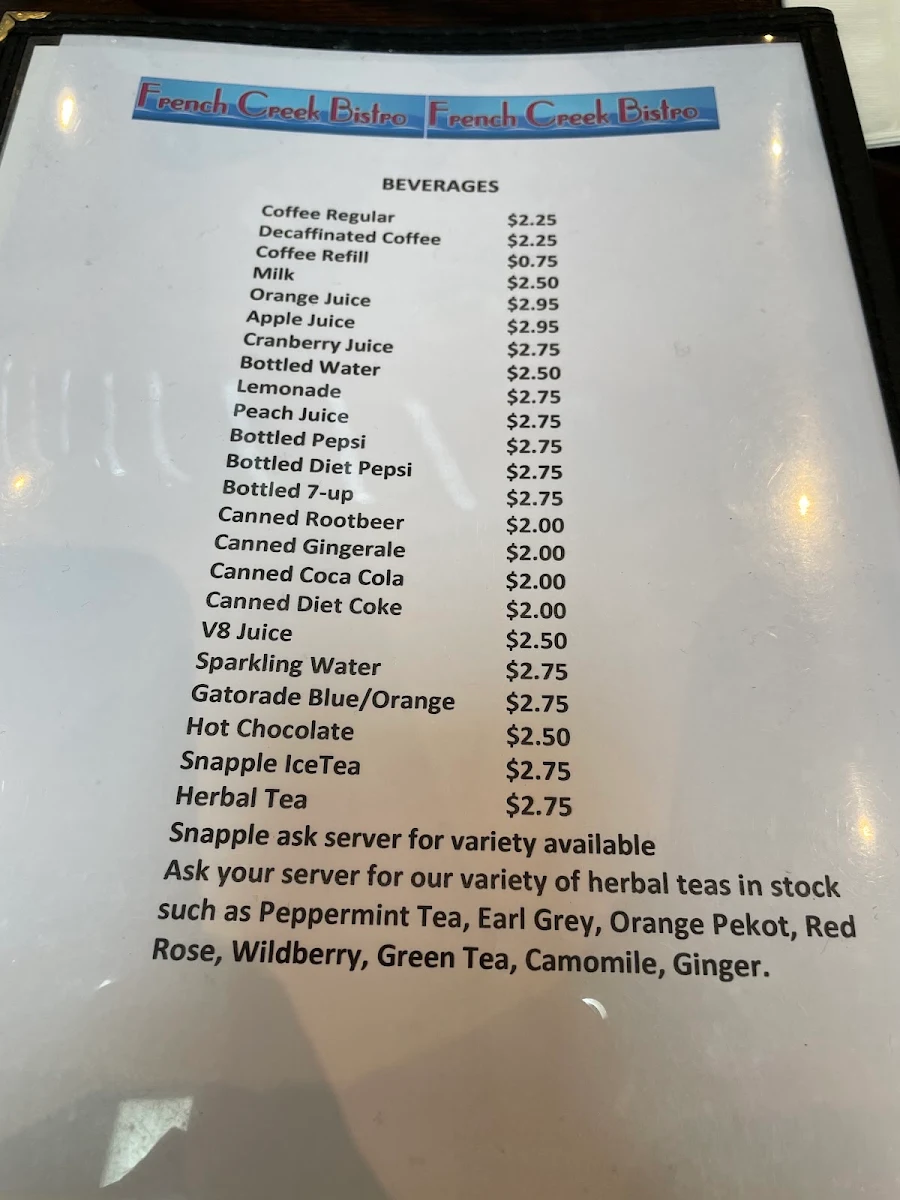 Menu, French Creek Bistro Restaurant & Grill