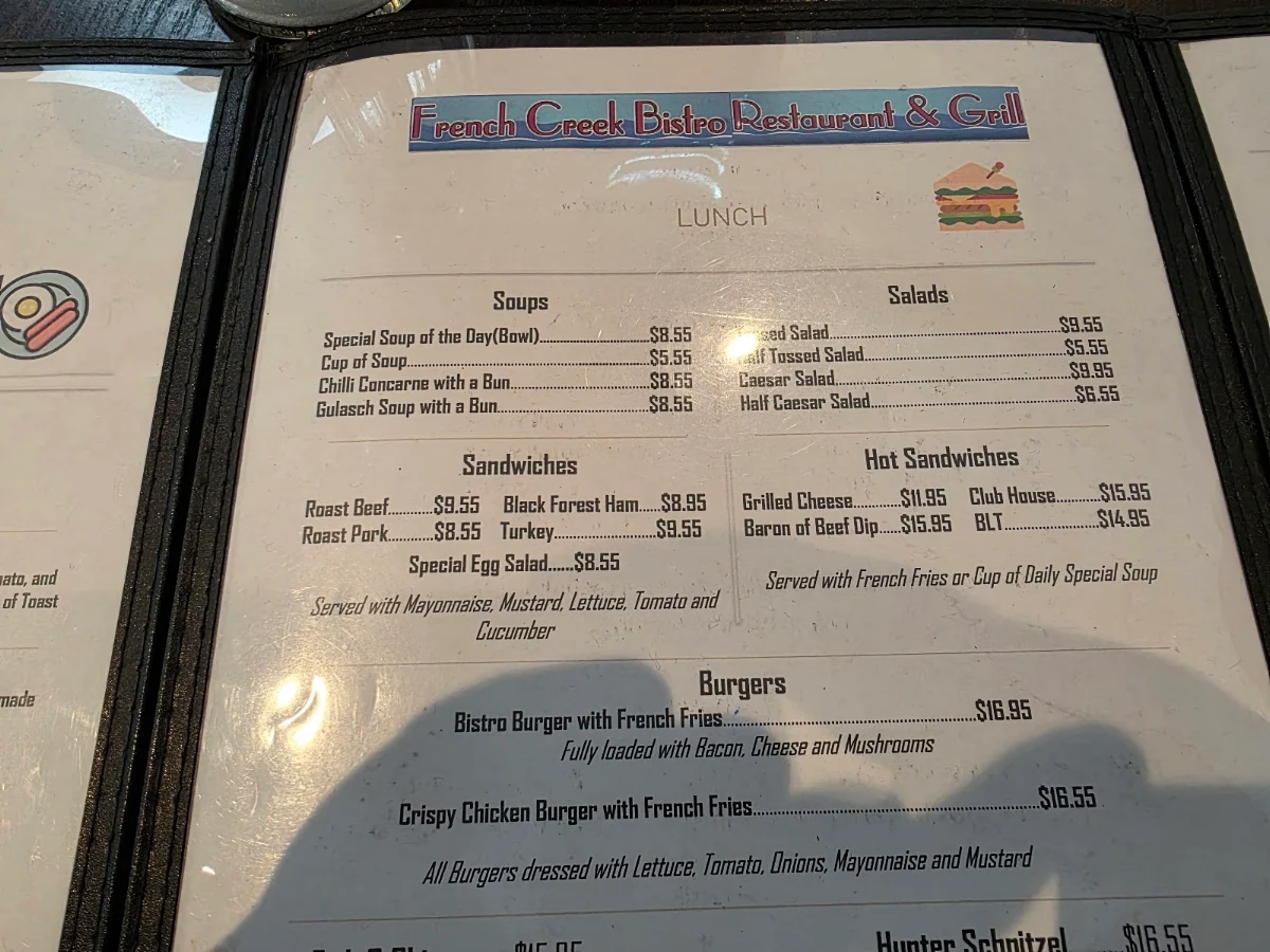 Menu, French Creek Bistro Restaurant & Grill