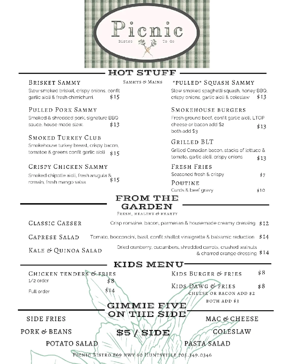 Menu, Picnic Bistro to go