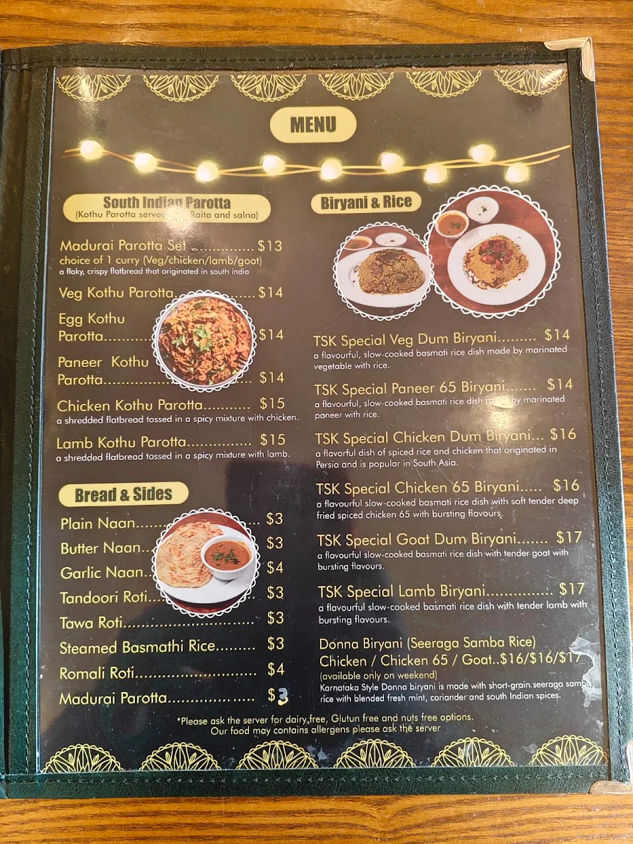Menu, Taste of Super Kings - Dosas & Biryani