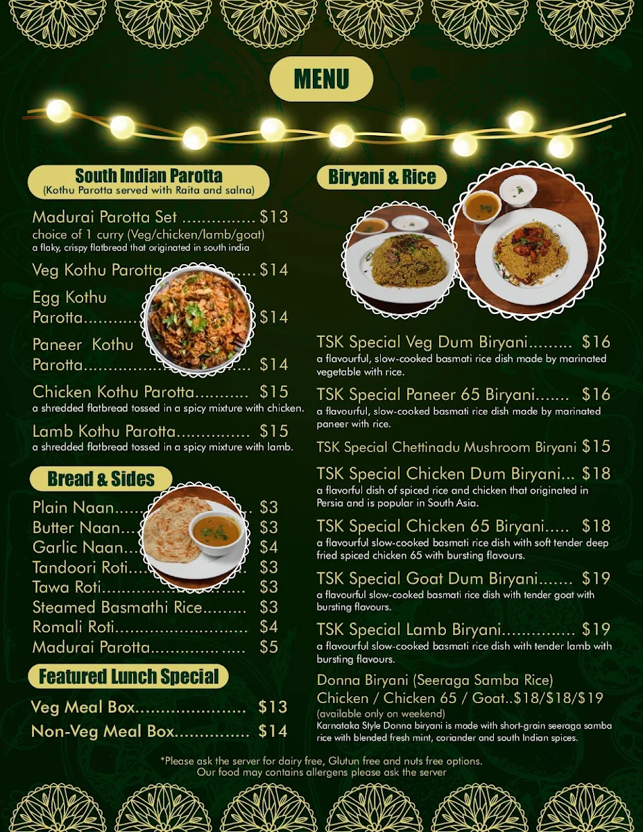 Menu, Taste of Super Kings - Dosas & Biryani