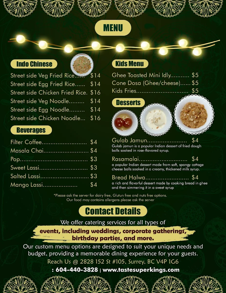 Menu, Taste of Super Kings - Dosas & Biryani