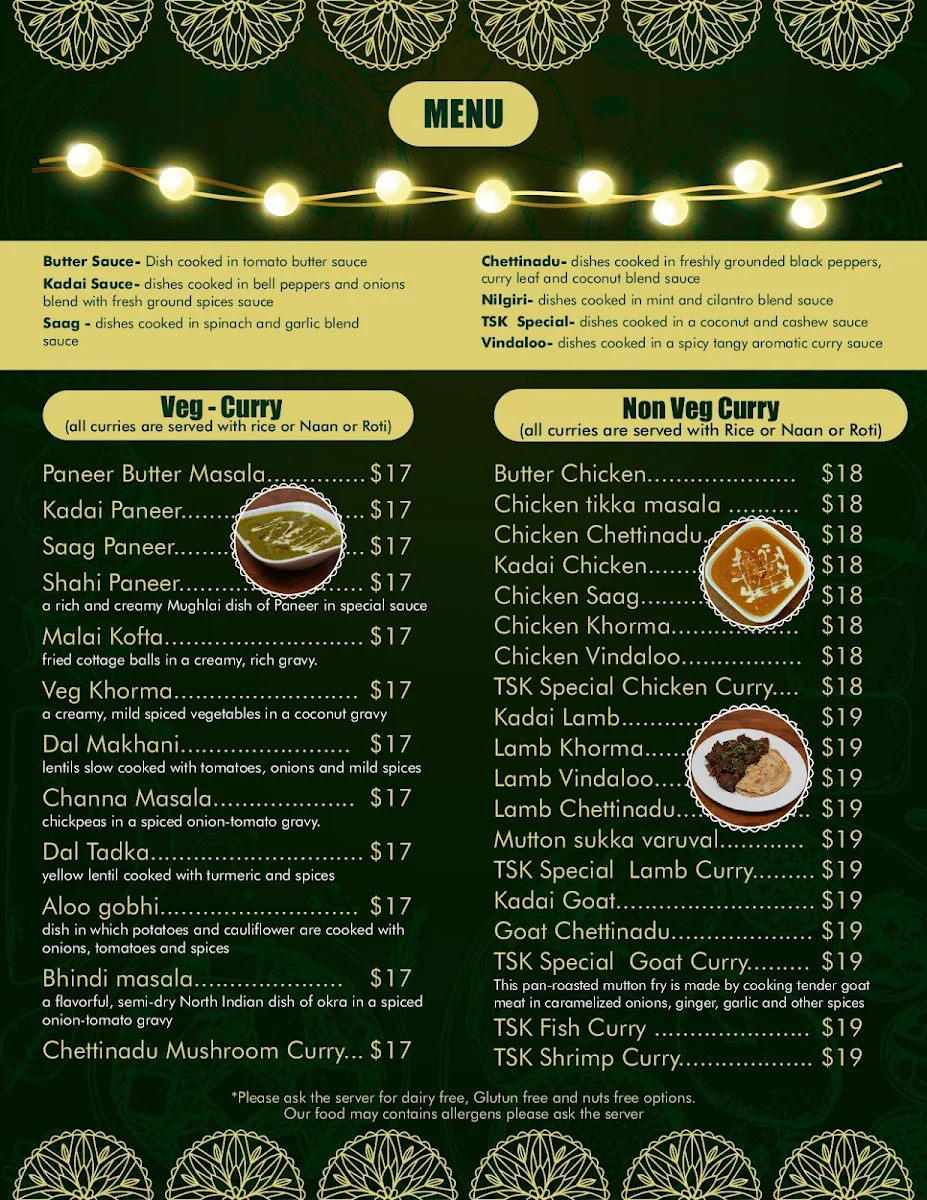 Menu, Taste of Super Kings - Dosas & Biryani