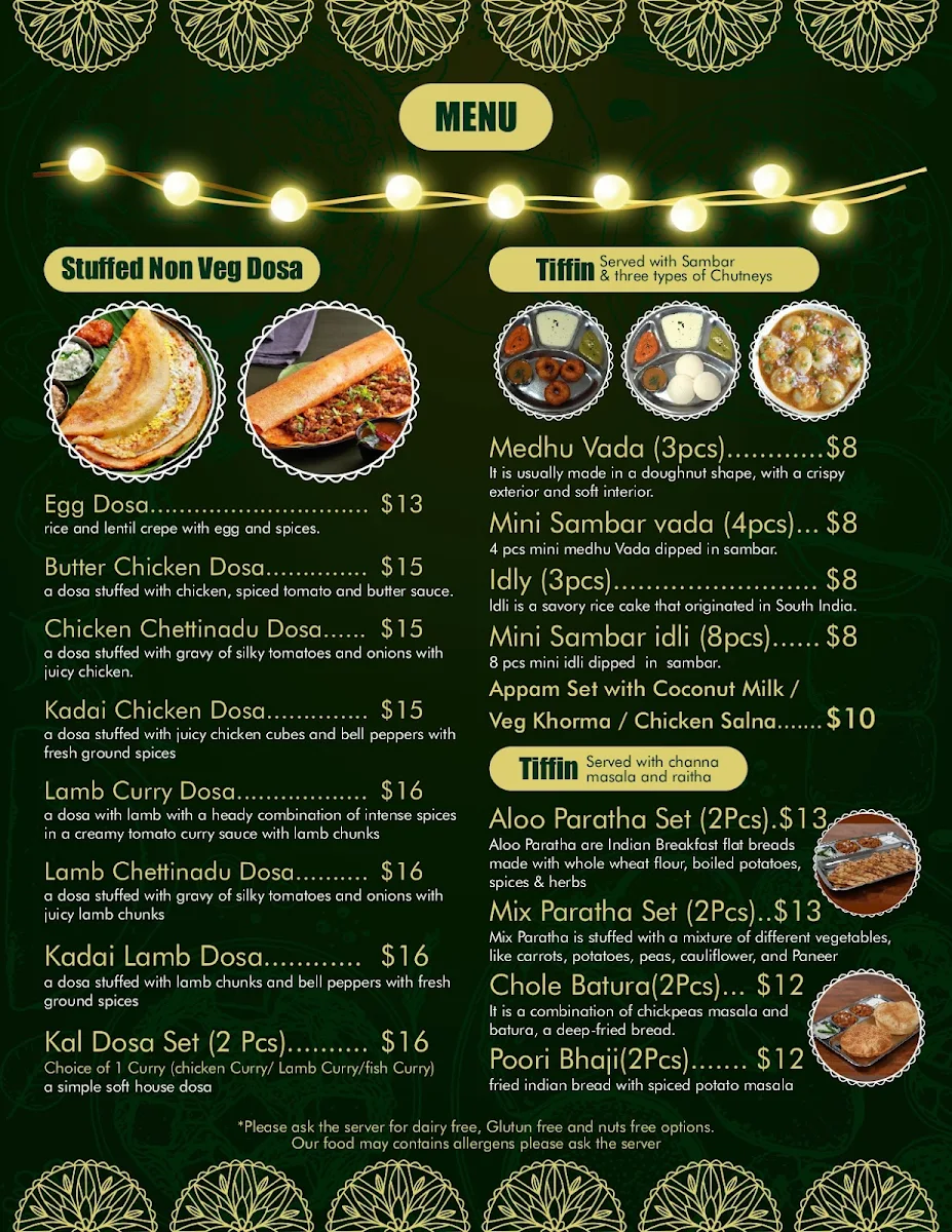 Menu, Taste of Super Kings - Dosas & Biryani