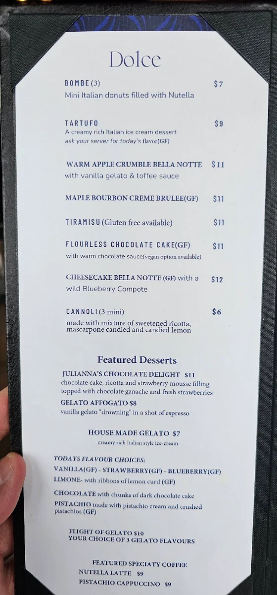 Menu, Bella Notte Ristorante