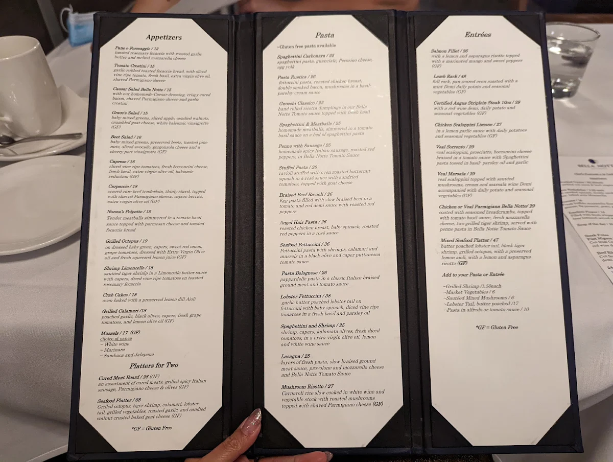 Menu, Bella Notte Ristorante