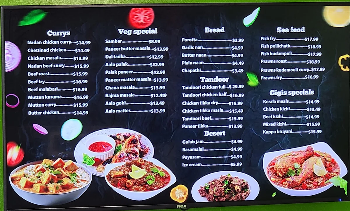 Menu, Gigis Spice Corner