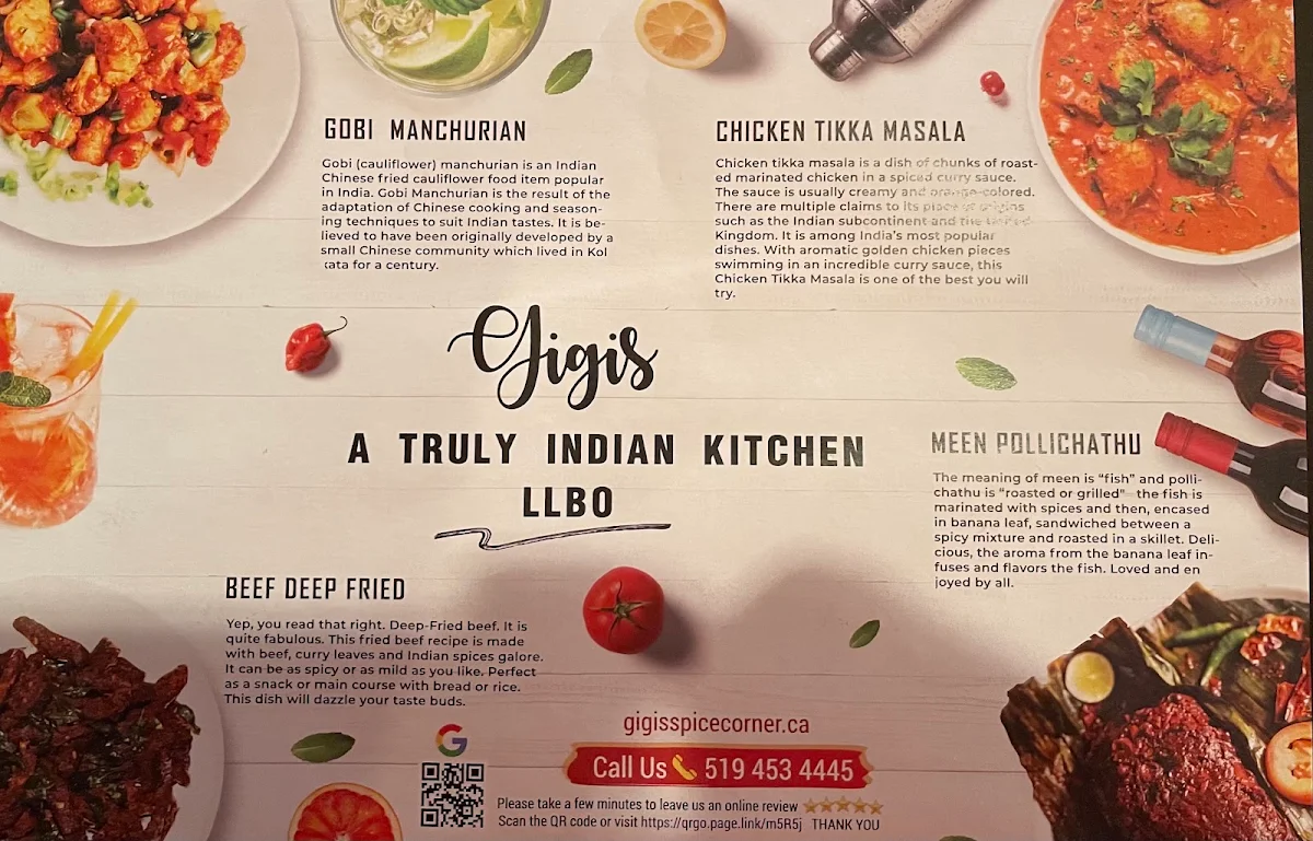 Menu, Gigis Spice Corner