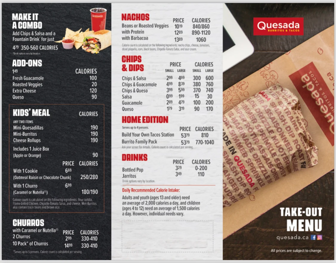 Menu, Quesada Burritos & Tacos