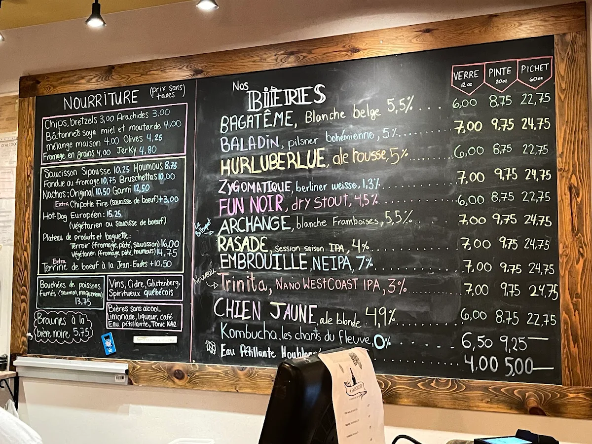 Menu, Aux Fous Brassant - Microbrasserie