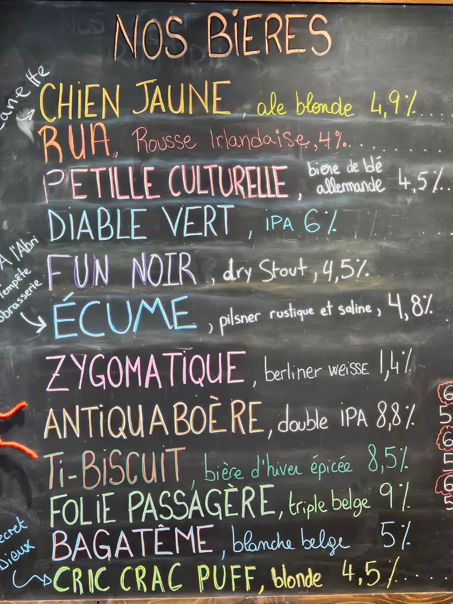 Menu, Aux Fous Brassant - Microbrasserie