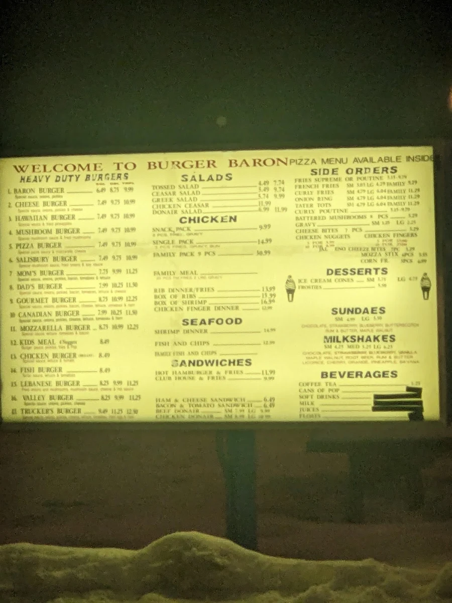 Menu, Burger Baron