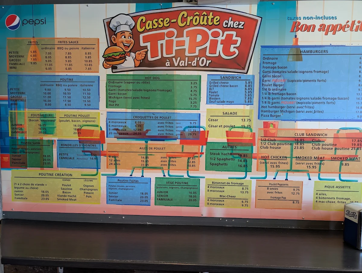 Menu, Casse-Croute Chez Ti-Pit