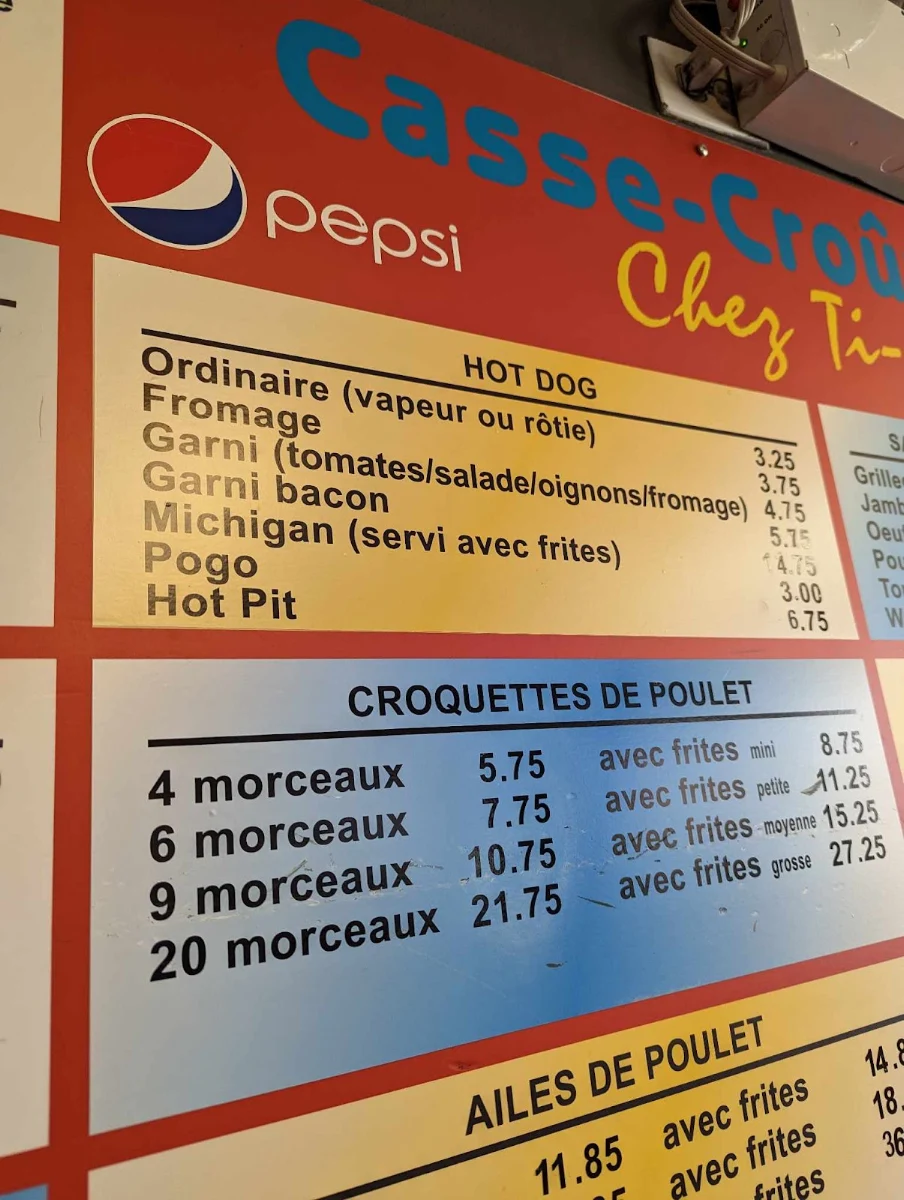 Menu, Casse-Croute Chez Ti-Pit