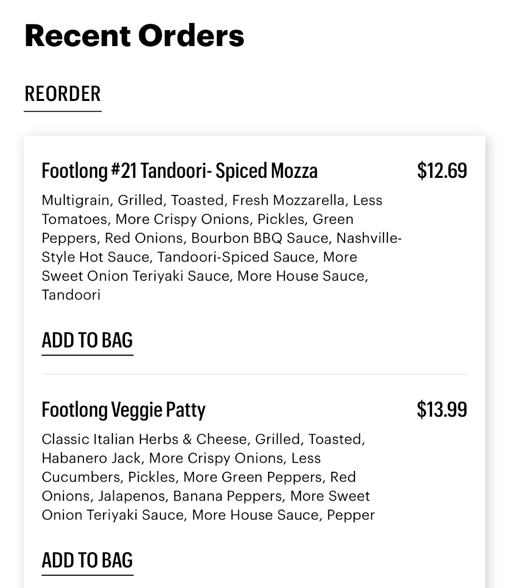 Menu, Subway