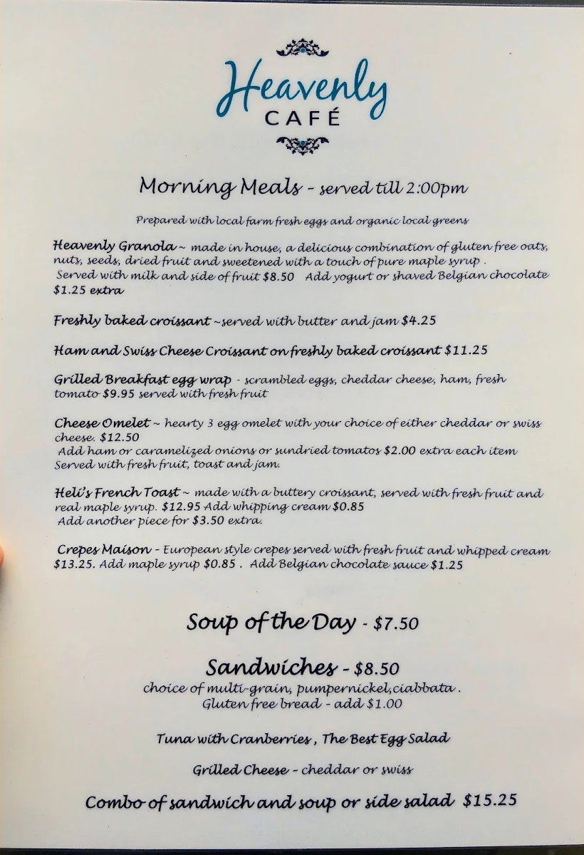 Menu, Heavenly Cafe