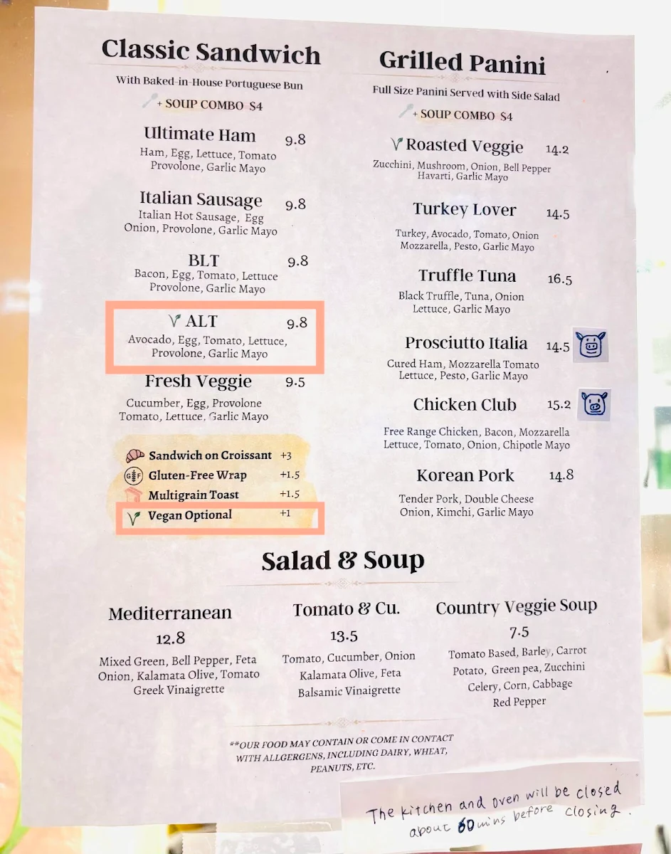 Menu, Caffe Mira