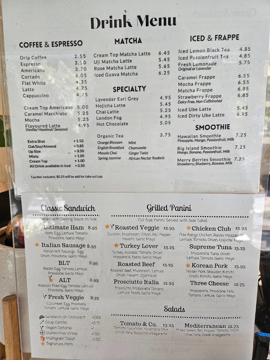 Menu, Caffe Mira