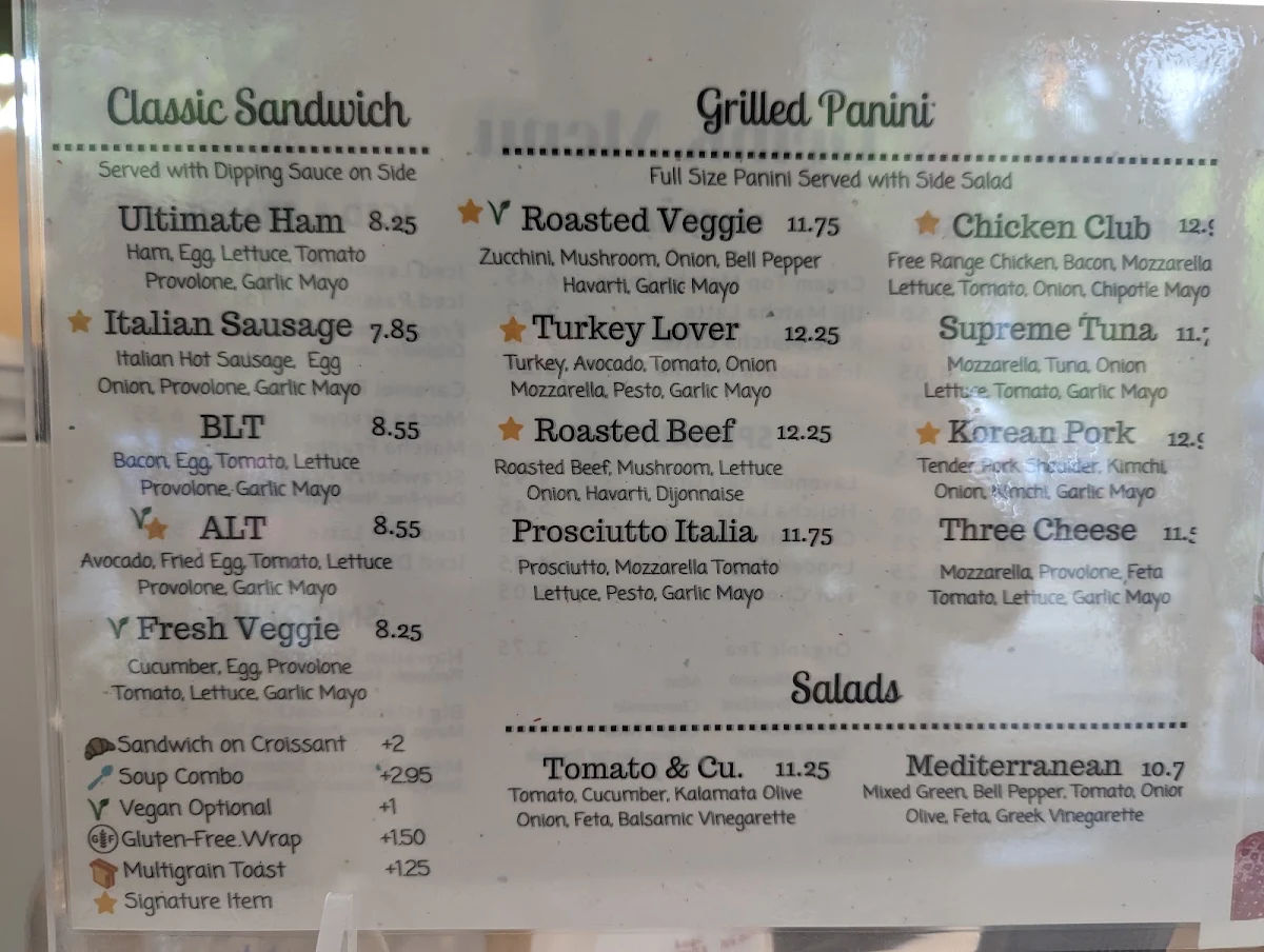 Menu, Caffe Mira