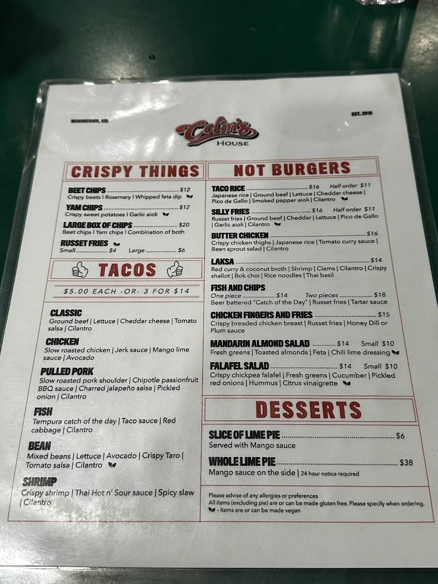 Menu, Colin's House