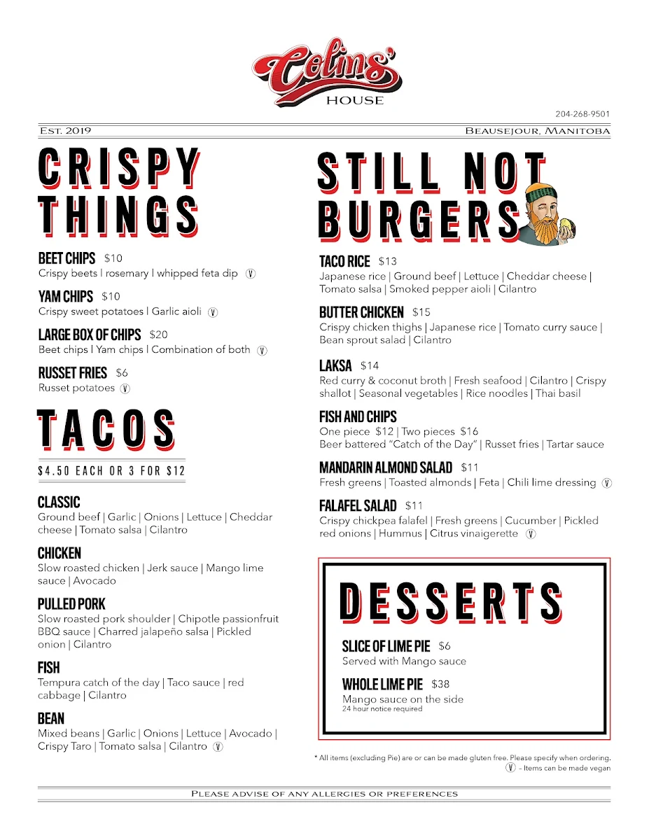 Menu, Colin's House