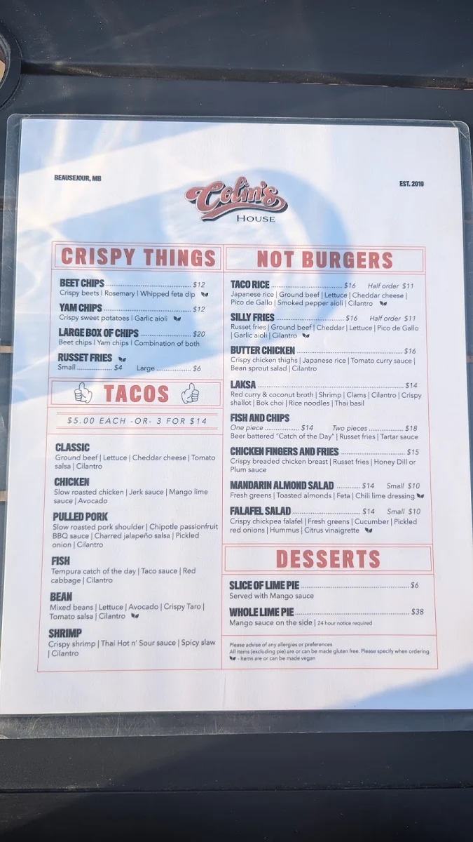 Menu, Colin's House
