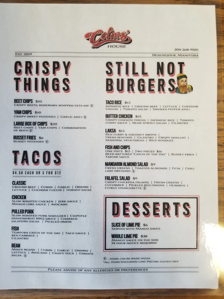 Menu, Colin's House