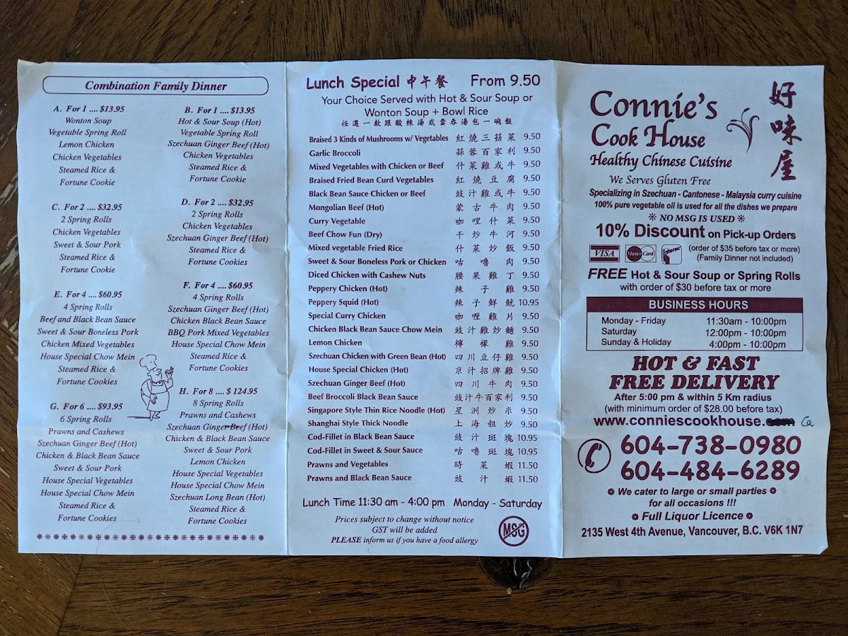 Menu, Connie's Cook House