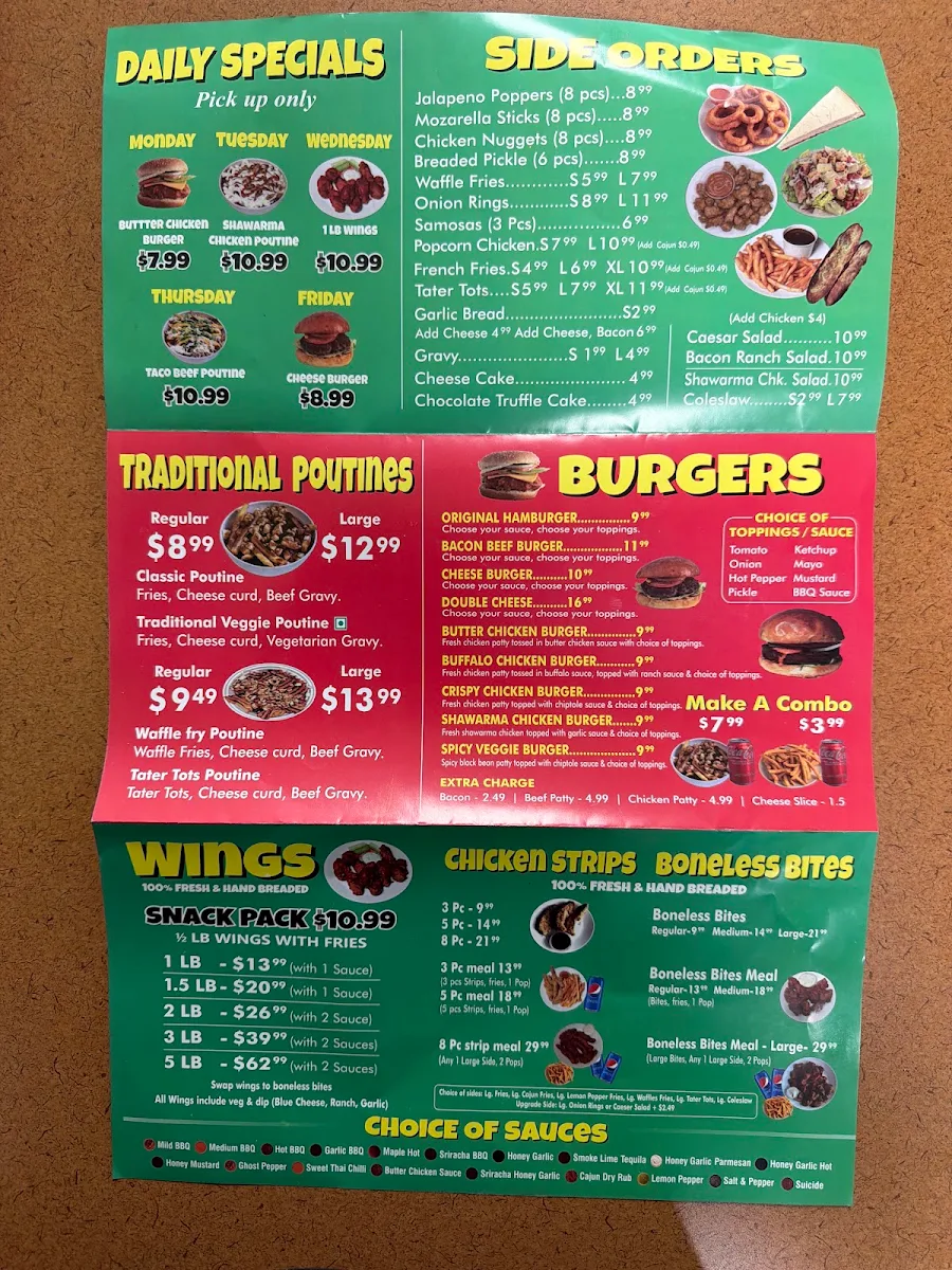 Menu, A1 poutine and wings