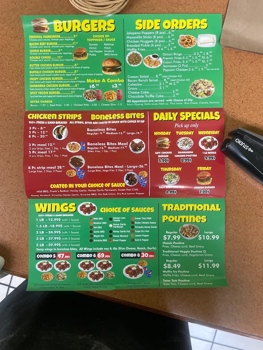 Menu, A1 poutine and wings