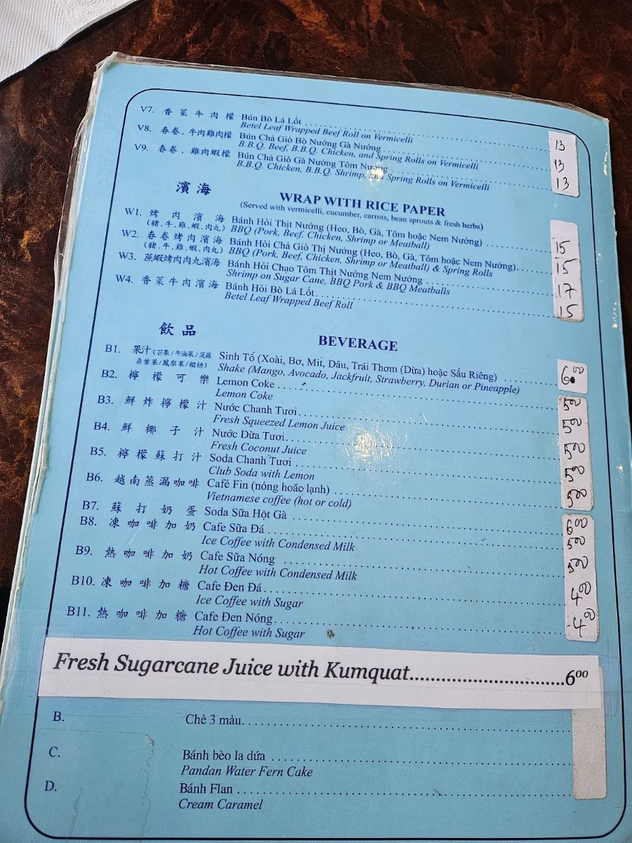 Menu, Huong's Vietnamese Bistro