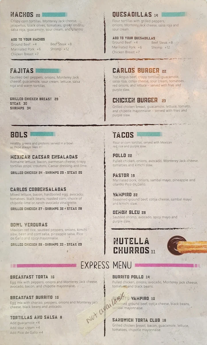 Menu, Carlos Pepe's