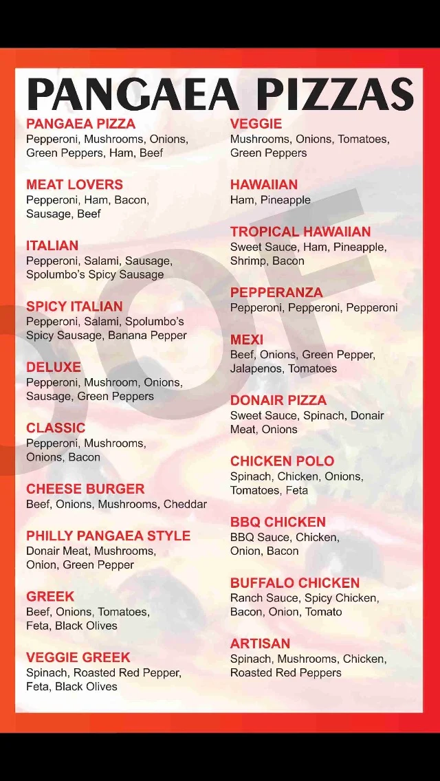 Menu, Pangaea Pizza
