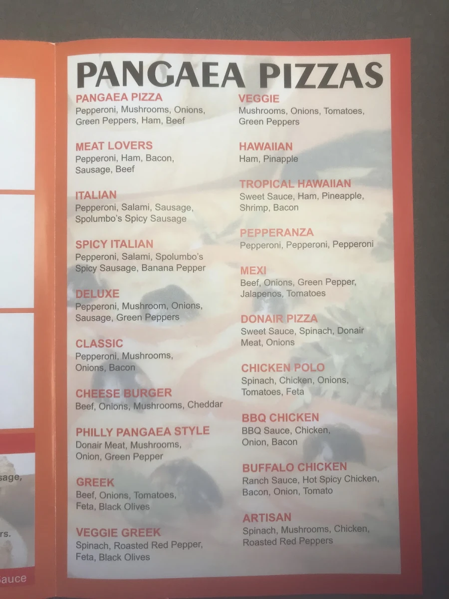 Menu, Pangaea Pizza