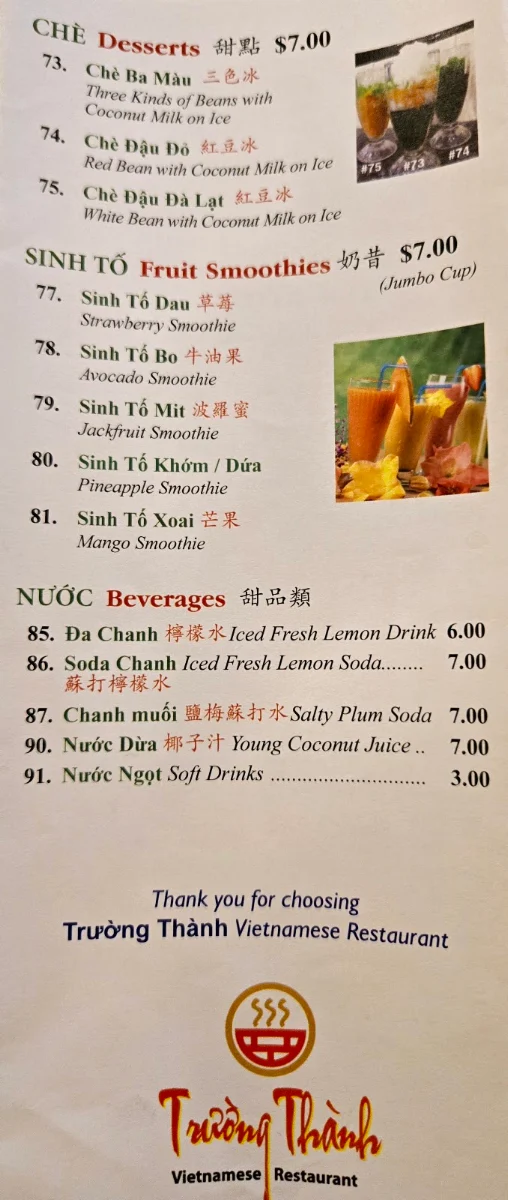 Menu, Truong Thanh 2 Restaurant
