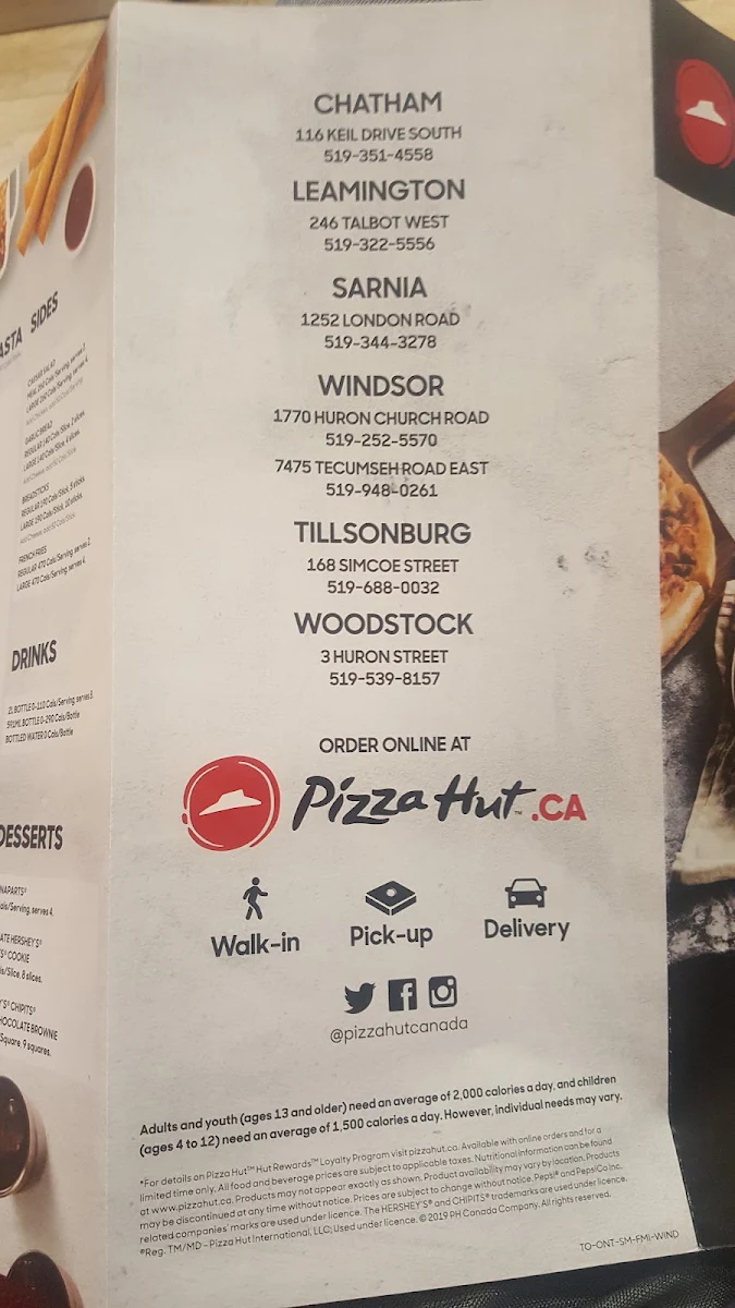 Menu, Pizza Hut