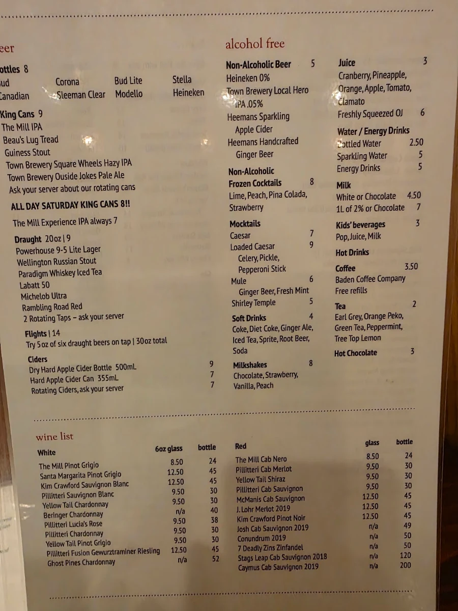 Menu, The Mill Restaurant and Inn